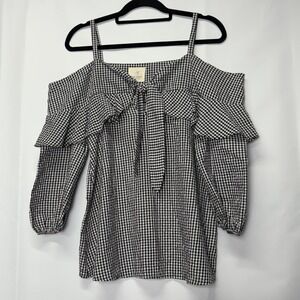 Gingham Cold Shoulder Ruffle Blouse Tie Neck Long Sleeve Women's Top Made in USA